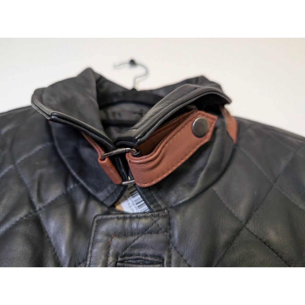 Men’s Quilted Leather Car Coat Black Brown Trim Luxe Minimalist L Heritage NWT - Picture 5 of 12
